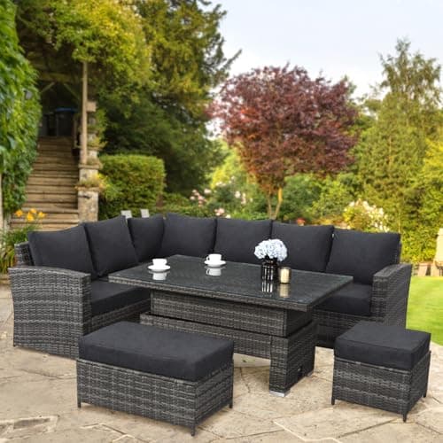 Image of 9 Seater Rattan Garden Furniture Set with Height Adjustable Rising Table - Outdoor Furniture Rattan Corner Sofa - Garden Patio Sets - FREE COVER INCLUDED (Dark Grey Mixed with Dark Grey Cushions)