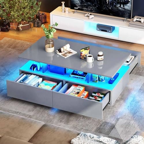 Image of YITAHOME Coffee Table with Storage, High Glossy LED Coffee Tables for Living Room, Grey Coffee Table with Open Display Shelf and Sliding Drawers, 90x55x41.1cm