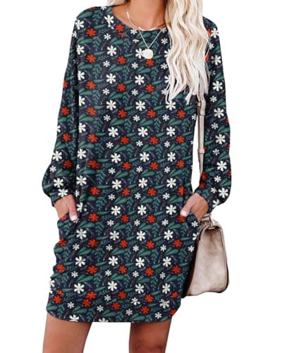 Image of PrinStory Women Jumper Dress Long Sleeve Casual Loose Winter Dresses Knitted Pullover Tops with Pockets UK Size 14-16 (Blue Floral, L)