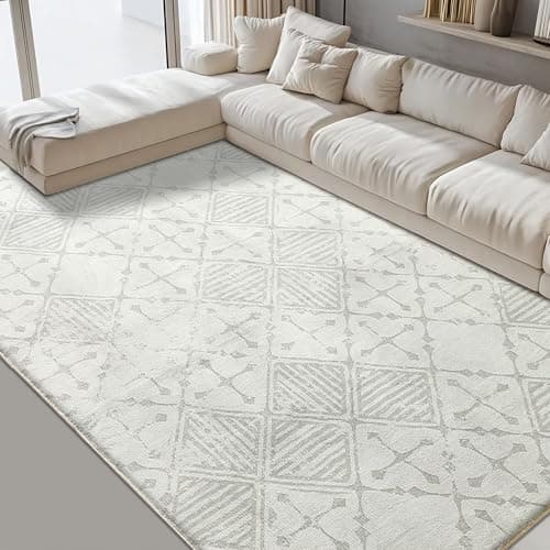 Image of Leesentec Rugs Living Room Bedroom Rug Modern Short Pile Rugs Bohemian Carpet Abstract Geometric Straight Line Pattern Carpets Non-slip Large Rug (Cream/Grey White, 200 x 250 cm)