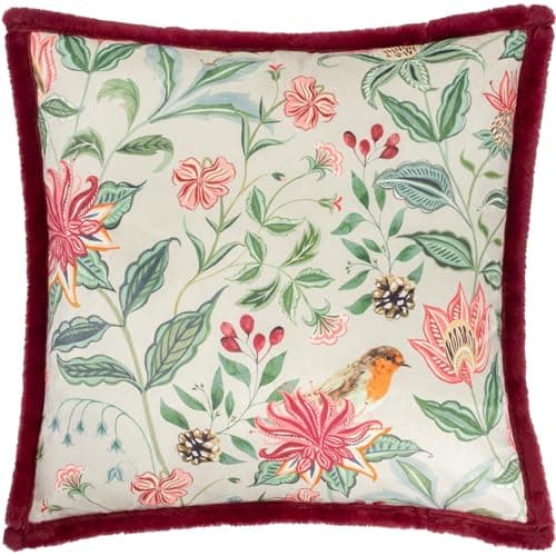 Image of Wylder Beatrice Cushion Cover – Festive Velvet Floral Robin Cushion Case with Faux Fur Trim (Multicolour - 50x50cm)