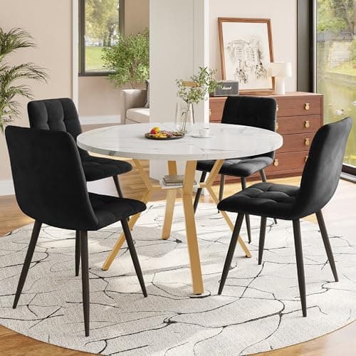 Image of Merax Elegant Round Dining Table and Chairs Set 4, Exquisite Marble Veneer Top with Gold Metal Frame, 100 cm Diameter Round Table with White MDF Table Top, 4 Black Velvet Dining Chairs
