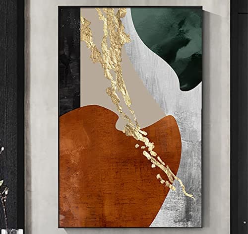 Image of Gold Foil Canvas Wall Art - Abstract Painting in Green, Orange, and Gold - 16x24inch No Frame - Living Room Decor