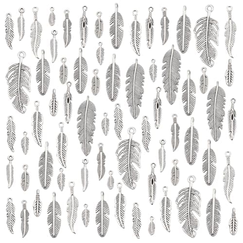 Image of PH PandaHall 84pcs 14 Styles Feather Charms Pendants Feather Jewellery Antique Silver Feather Charms Metal Tibetan Style Beads for Dream Catcher, Necklace, Bracelet