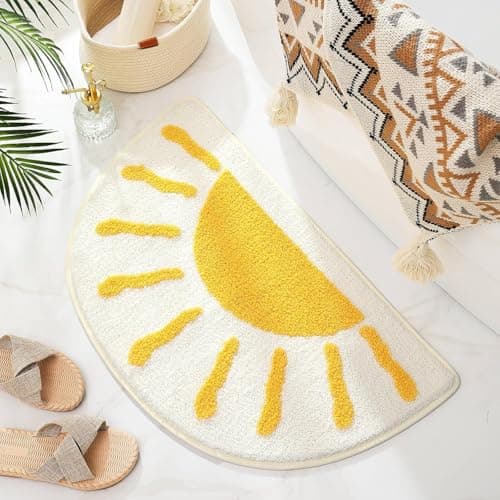 Image of Bath Mat Rugs Half Circle - 45 x 75 cm Cute Sun Fun White Yellow Boho Bathroom Mats Non Slip, Soft Absorbent Microfiber Bohemian Rug, Semi Round Machine Washable Rubber Rugs for Floor Bedroom Bathmat