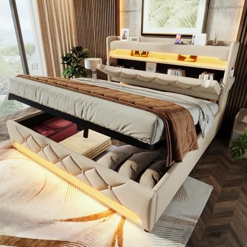 Image of Merax Super King Size bed frame with Storage,Upholstered Kingsize Ottoman Bed,Hydraulic Storage Bed Frame,with Storage Headboard&LED lighting&Charging Function&side Pockets,Beige+Linen(No Mattress)