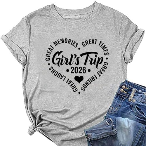 Image of MLZHAN Women's Girl's Trip 2026 T-Shirt Great Memories Great Times Friends Graphic Tee Casual Crewneck Short Sleeve Tops (Grey,L)