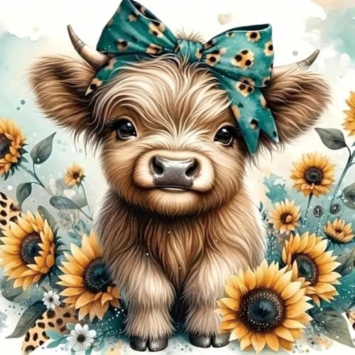 Image of BEAYIOU Highland CowStamped Cross Stitch Kits for Adults Beginners,DIY Cow Cross Stitch Ornament Kits for Adults Beginners Without Frame,Counted Embroidery Needlepoint Kits Home Decor 14x14inch
