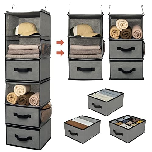 Image of GRANNY SAYS 6-Shelf Hanging Wardrobe Storage Organiser, Separable to 2 Pack 3-Shelf Hanging Shelves, Hanging Drawers for Wardrobe, Grey Hanging Storage Clothes Organiser, Fabric Wardrobe Tidy