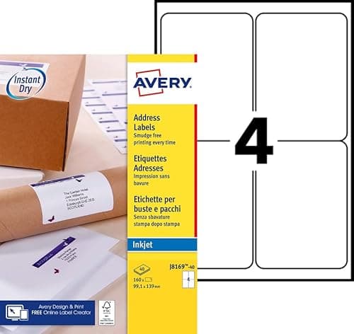 Image of Avery Self Adhesive Labels, Inkjet Printers, 4 labels per A4 sheet, 160 labels, QuickDRY (J8169)