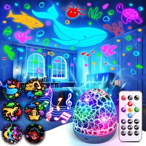 Image of PIKOY Music Night Light Projector【15 Sounds Music & 6 Films】White Noise Machine Baby Sensory Toys for Boys Gifts, 360° Rotation+Remote+Timer+Brightness Dinosaur Egg Night Light Kids Toddler Cars Toys