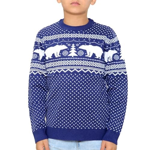 Image of NOROZE Boys Girls Unisex Children Kids Merry Christmas Dinosaur Tree Hat Reindeer Snowflake Pom Polar Bear Dino Roar Mas Knitted Novelty Ugly Xmas Jumpers Sweater (11-12 Years, Polar Bear Navy)