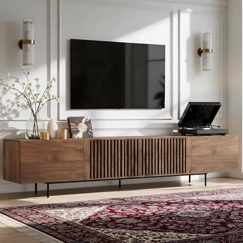 Image of TFFCIC 180cm Wide Walnut TV Unit, Extra Large Fluted Wooden TV Stand Cabinet with Storage for Living Room 65-85 Inch TVs