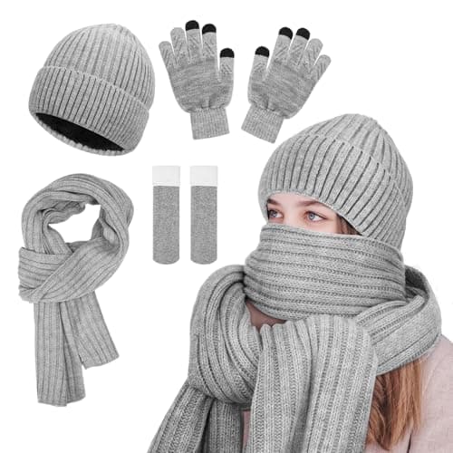 Image of GSrenyu Knitted Hat Scarf and Gloves Set,Grey 4Pcs Touch Screen Gloves Long Scarf Beanie Hat Thermal Socks for Women Ladies Skiing Outdoor Sports