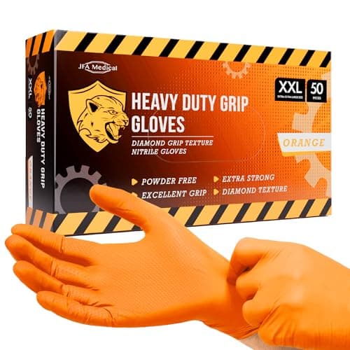 Image of JFA Medical Disposable Heavy Duty Mechanic Powder Free Latex Free Orange Diamond Grip Nitrile Gloves - Box of 50 (Extra Extra Large)