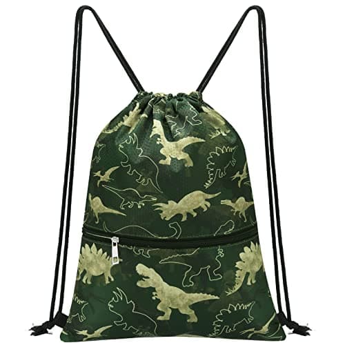 Image of WAWSAM Dinosaur Drawstring Bags - Drawstring Bags for Boys Kids Swim PE Bag for Beach Swim Bag Swimming Pool School Draw String Bags with Zippered Pocket Waterproof Sports Gym Bag
