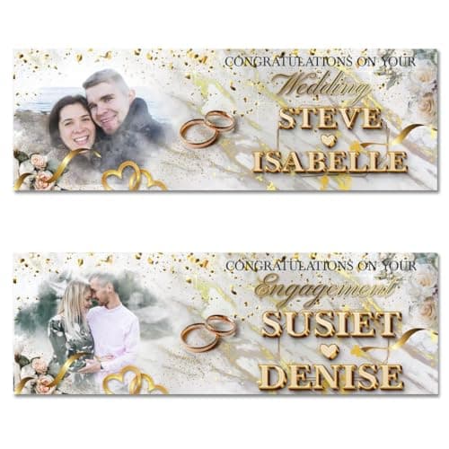 Image of Personalised Wedding Engagement Banner FABRIC 2ftx6ft Gold Balloon Heart Ring Poster Just Married Party Decorations Man Woman Couple Celebration signage
