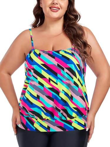 Image of Ocean Blues Women's Neon Striped Plus Size Bandeau Tankini Top Loose-Fitting Swimsuit No Bottom Size X-Large