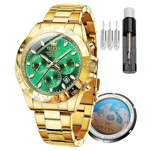 Image of OLEVS Men's Automatic Watch Machine, Speed Measuring, Timing, Bezel Mechanical Watch, Waterproof and Luminous Calendar Week Stainless Steel Precision Strap (6638-Green dial)