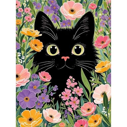 Image of askkqtx Black Cat Diamond Art Kits for Adults, Cat with Flowers Diamond Painting Kits for Beginners, DIY 5D Round Full Drill Crystal Dots Rhinestone Gem Art Craft Home Decor 12x16 Inch