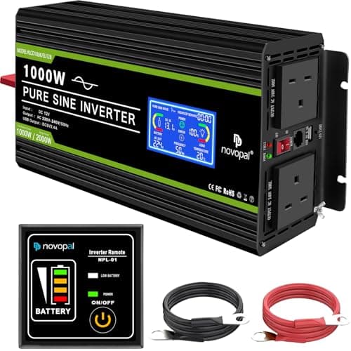 Image of NOVOPAL 1000W Pure Sine Wave Inverter 12V to 230V 240V Car Converter Power Inverter with LCD Display 2AC Outlets and Usb Port,Remote Control for Motorhomes,Truck,Boat,Camping,Household,Van