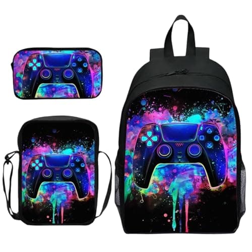 Image of Joalpysm 3-Piece Gaming Backpack, Backpack Set with Controller Print, Cool Black Gaming Daypack & Crossbody Bag, Large Capacity School Bag Waterproof Laptop Backpack for Students & Gamers
