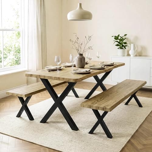 Image of Blisswood Large Dining Table with Bench Set 4–6 Seater, 160cm Industrial Wooden Kitchen Table with 2 Benches, Metal Cross Leg Frame, Faux Live Edge Top with 3D Wood Finish, Dining Room Set, Light Oak