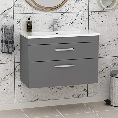 Image of 800mm Wall Hung Bathroom Vanity Unit Minimalist Basin 2 Drawers Storage Cabinet Furniture - Indigo Grey Gloss