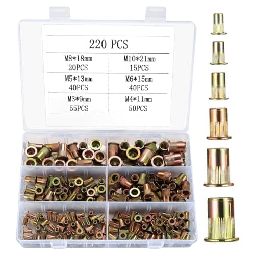 Image of 220 Pcs Rivet Nuts, Zinc Plated Carbon Steel Flat Head Threaded Insert Nutsert, M3 M4 M5 M6 M8 M10 Threaded Insert Rivet Nuts Assortment Set