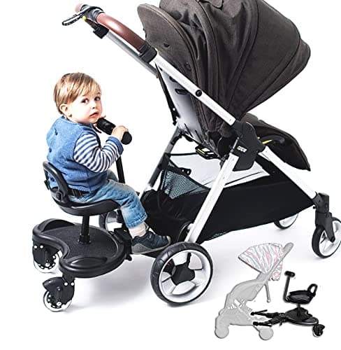 Image of Buggy Board with seat, Standing Board, Toddlers Stroller Board Kiddy Board Stable Two Wheel Design with Seat, Standing Board fits Any Pushchair (2in1 Dark Black)