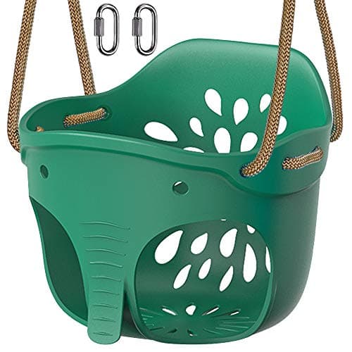Image of BeneLabel Swing Seat, Kids Soft Plastic Bucket Swings Indoor/Outdoor Child Tree Swinging with High Back & Adjustable 130-200cm Rope for 1-3 Years Toddler/Baby, Green Elephant / 600lbs