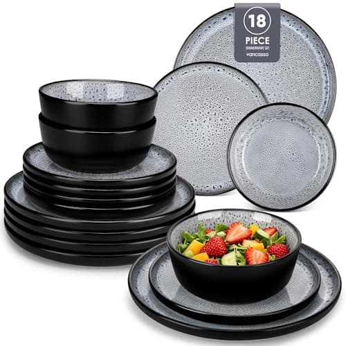 Image of vancasso Bubble Grey Dinner Sets for 6 People, 18-Piece Reactive Glaze Dinnerware Plates and Bowls Set, Dinner Service with Dinner Plate/Dessert Plate/Bowl