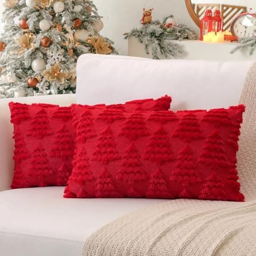 Image of Sungeek Set of 2 Christmas Cushion Covers 40x60 cm, Soft Plush Faux Fur Christmas Tree Winter Holiday Xmas Decorative Lumbar Throw Pillow Cover Cases for Sofa Couch Bed Living Room, Red
