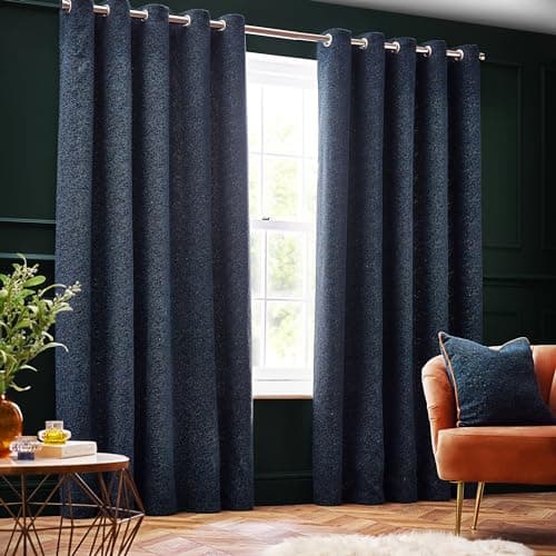 Image of Paoletti Galaxy Eyelet Curtain Pair – Lined Room Darkening Luxury Opulent Chenille Curtains (Navy - 229x183cm)