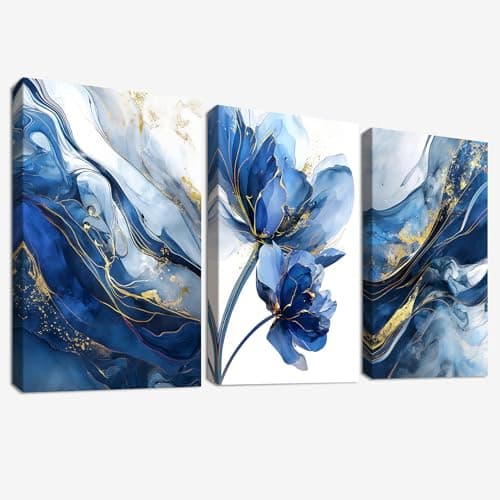 Image of 3 Pcs Wooden Framed Canvas Wall Art Canvas Prints Watercolour Gold Blue Lotus Flower Painting Abstract Navy Blue Marble Pictures for Living Room Bedroom Bathroom Hallway Home Wall Decor 40x60 cm x3pcs
