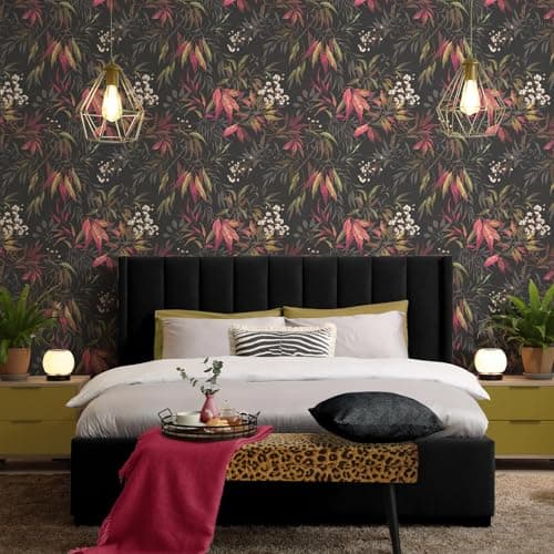 Image of SOPHIE LAURENCE Charcoal Pink Leaf Wallpaper Botanical Black and Teal Feature Wall Design Luxury Modern Nature Pattern for Lounge, Bedroom, or Living Room Decor 10M x 0.53M