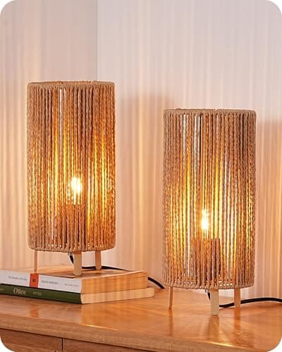 Image of EDISHINE Boho Bedside Lamps Set of 2, Rattan Table Lamp for Living Room, Bedroom, LED Bulb Included, E27 Base, Vertical Stripes Lampshade