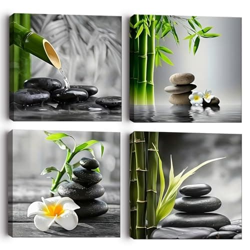 Image of Canvas Wall Art Set of 4 Framed Zen Spa Bamboo Stone Prints, Wall Art for Living Room Bedroom Hallway Study, HD Moisture-Resistant Artwork with Velcro & Pre-Installed Hooks, No Drilling, 30 x 30 cm