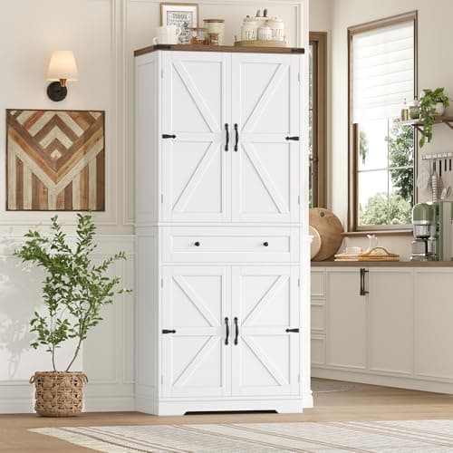 Image of hefoths Pantry Cupboard, 180cm Tall Kitchen Cabinet with a Large Drawer, Kitchen Pantry Storage Cabinet with 4 Wooden Doors, Larder Cupboard for Dining Room, Living Room, White 180H x 75W x 39D