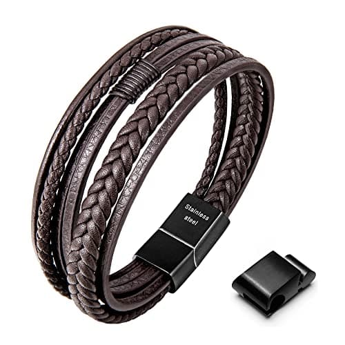 Image of Speroto Men's Adjustable Premium Leather Bracelet in Black and Brown with Stainless Steel Magnetic Clasp, Multi-Layer Braided Genuine Leather Bracelet Gift Idea for Men/Women