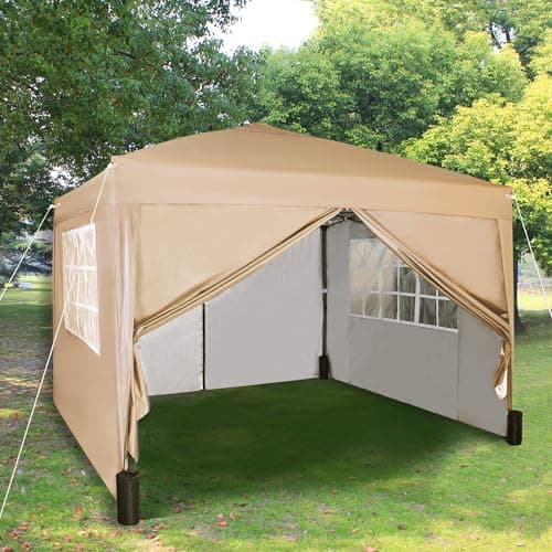 Image of Pop-up Gazebo 3m x 3m with Sides & 4 Weight Bags & Silver Protective Layer Waterproof Marquee Canopy WS (Beige)