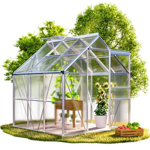 Image of GARDEBRUK® 6x6ft Anodised Aluminium Greenhouse, Reinforced Walk-In Garden Grow House, 4mm Polycarbonate Twin-Wall Sheets, Roof Vent & Lockable Door