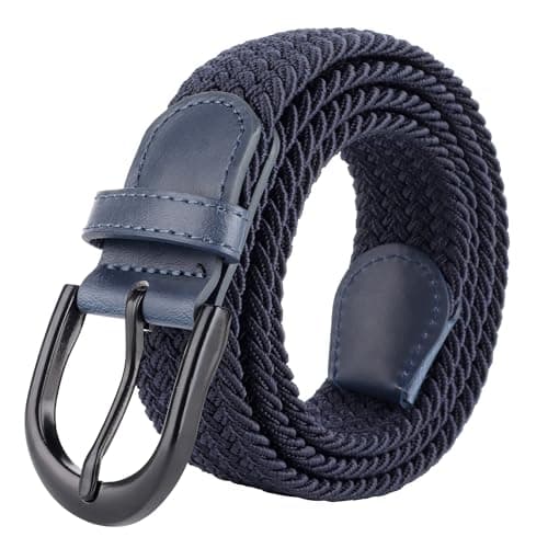 Image of Mile High Life | Braided Stretch Elastic Belts | Pin Oval Solid Black Belt Buckle | PU Loop End Tip Men/Women/Junior(NAVY, Large)