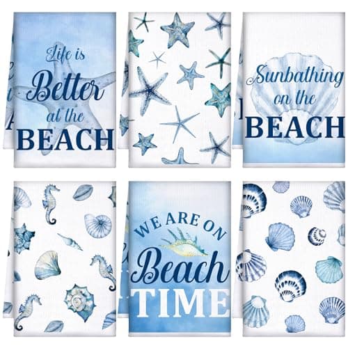 Image of Bencailor 6 Pcs Summer Beach Kitchen Towels Ocean Hand Towels Sea Beach Decorative Themed Kitchen Decor Tea Clothes Dish Clothes for Home Bathroom Kitchen Decor(Blue and White,Marine Life)