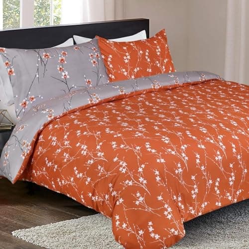 Image of MOONLIGHT20015 Double Duvet Set Soft Printed Luxury Bedding Set Brushed Microfiber Duvet Cover with Pillowcases (Rust Flower 200x200 CM)