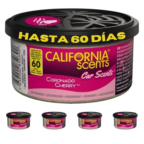 Image of California Scents CCS-407TR MC Air Freshener, Coronado Cherry (Pack of 4) Lasts up for 60 Days Refreshing Fragrance, Environmentally Friendly, Light Weight Organic Product, Recyclable, Adjustable Vented Lid, Tray of 4 Canisters, Use for Home Car Van Office