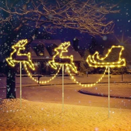 Image of Quntis Outdoor Christmas Pathway Lights Mains Powered, 83cm 129 LED Reindeer Sleigh Path Lights Warm White & RGB with 8 Modes Timer Memory Function, Christmas Stake Decorations Garden Yard Lawn
