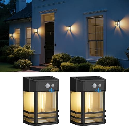 Image of btfarm 2 Pack Solar Wall Lights Outdoor with Motion Sensor, 3 Modes Retro Garden Fence Lights, IP65 Waterproof Deck Solar Security Lighting for Porch Patio Gate Yard Decoration, Warm White