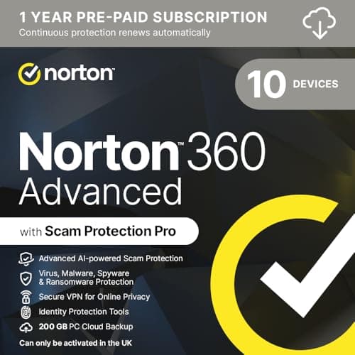 Image of Norton 360 Advanced 2026 | 10 Devices and 12 Month Subscription Automatic Renewal, Includes Identity Resoration Support, Social Media Monitoring & VPN, PC/Mac/iOS/Android |Activation Code by email