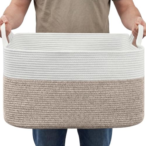 Image of Large Storage Basket, Square Cotton & Linen Blanket Basket with Handles for Blankets, Towels, Clothes, Thicken, Collapsible, Washable Large Storage Baskets for Bedroom, Living Room, Bathroom, 45L